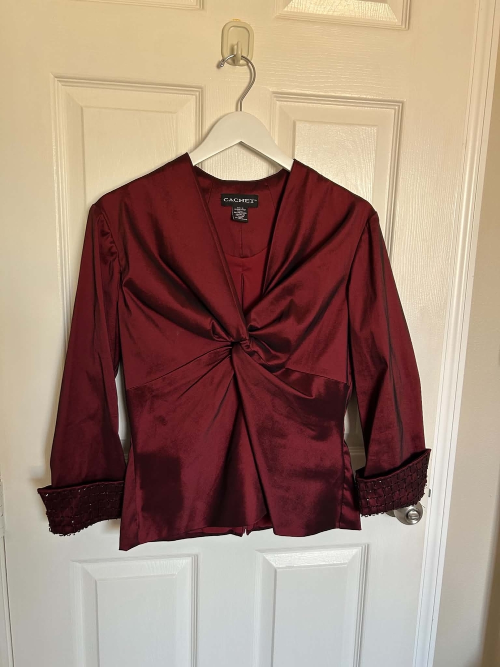 Cachet Wine Red Twist-Front Satin Like Blouse
